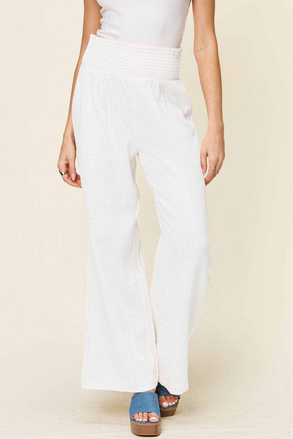 Double Take Full Size Texture Smocked Waist Wide Leg Pants - Purcell's Clothing Company