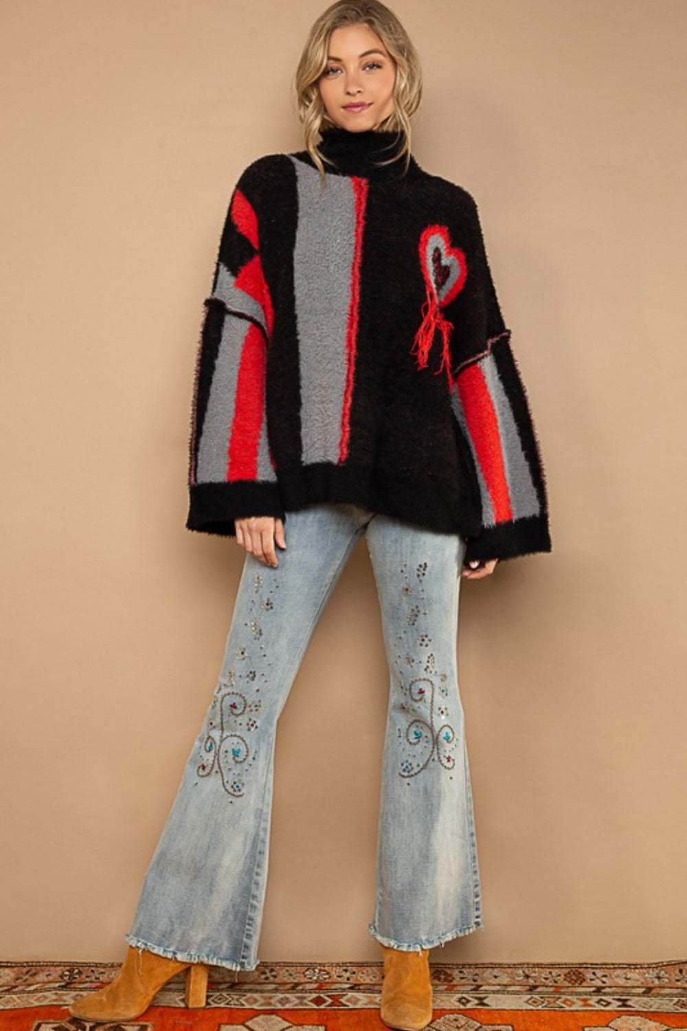 POL Turtleneck Color Block Fringe Detail Sweater - Purcell's Clothing Company