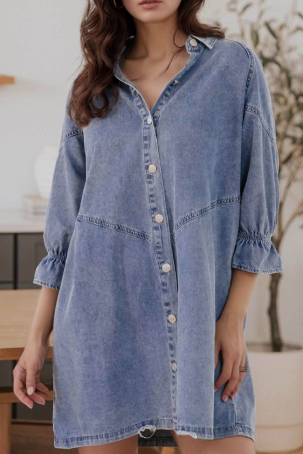 Distressed Collared Neck Flounce Sleeve Denim Dress - Purcell's Clothing Company