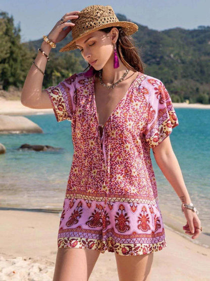 Printed V-Neck Short Sleeve Romper - Purcell's Clothing Company