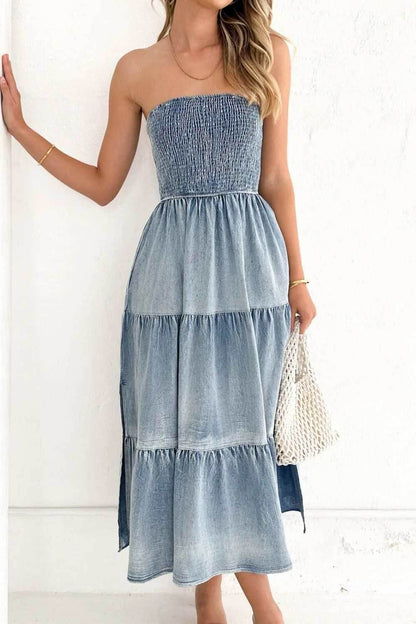 Smocked Tube Slit Tiered Denim Dress - Purcell's Clothing Company