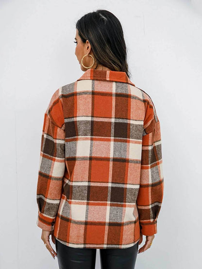 Shiny Plaid Button Up Collared Neck Jacket - Purcell's Clothing Company