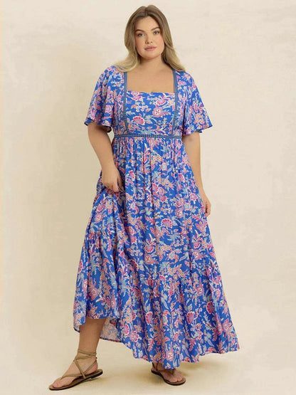 Plus Size Ruched Printed Short Sleeve Dress - Purcell's Clothing Company
