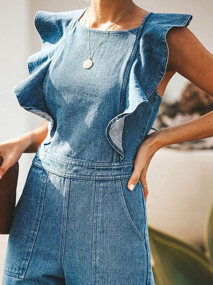 Ruffled Backless Sleeveless Denim Jumpsuit - Purcell's Clothing Company