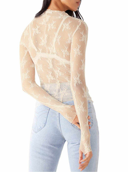 Lace Mock Neck Long Sleeve Blouse - Purcell's Clothing Company