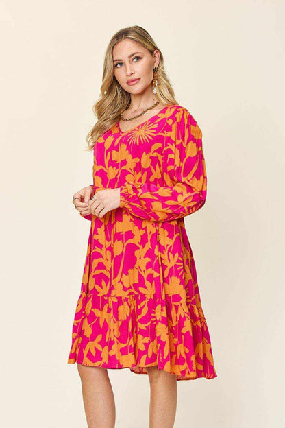 Double Take Full Size Printed Ruffle Hem Dress with Pocket - Purcell's Clothing Company