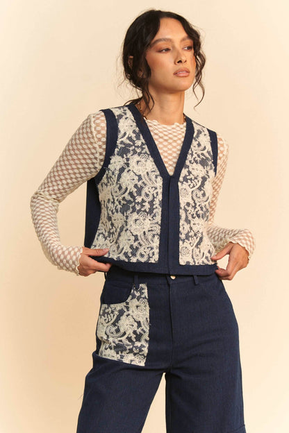 Davi & Dani Lace Patch Open Front Denim Vest - Purcell's Clothing Company