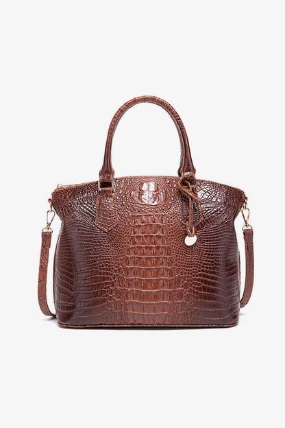 Brown medium PU leather handbag with crocodile texture and dual handles