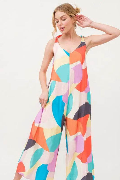 And The Why Tied Shoulder Straps Wide-Leg Geo Print Jumpsuit - Purcell's Clothing Company