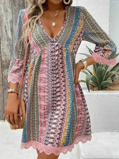 Lace Trim Printed V-Neck 3/4 Sleeve Dress - Purcell's Clothing Company