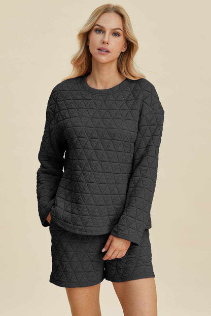 Double Take Full Size Texture Round Neck Long Sleeve Top and Shorts Set - Purcell's Clothing Company