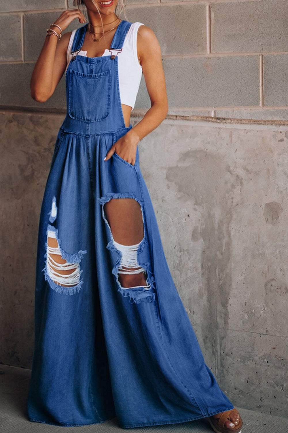 Distressed Wide Leg Denim Overalls - Purcell's Clothing Company