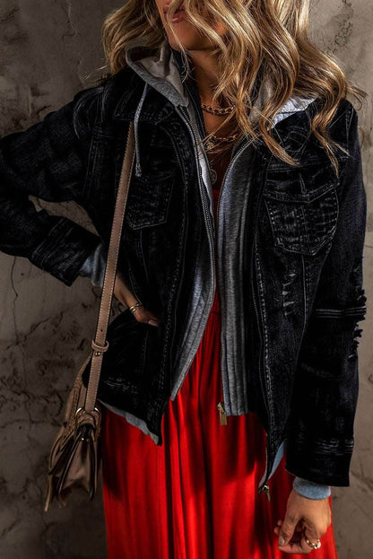 Fake Two-Piece Hooded Zip-Up Denim Jacket - Purcell's Clothing Company