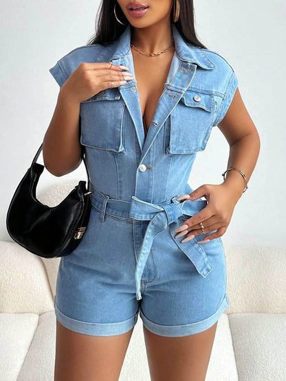 Tie Waist Cap Sleeve Denim Romper - Purcell's Clothing Company