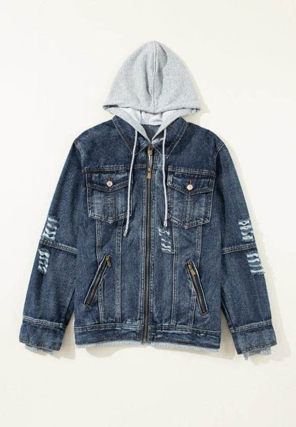 Fake Two-Piece Hooded Zip-Up Denim Jacket - Purcell's Clothing Company