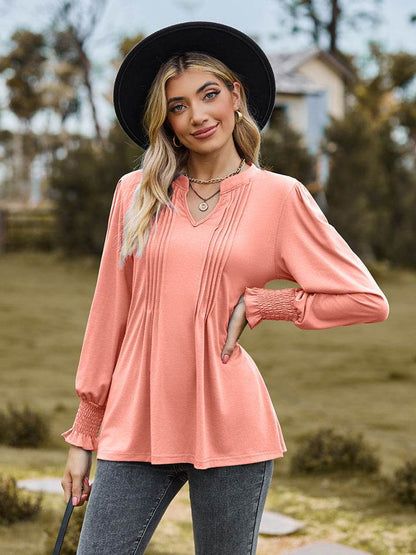 Notched Neck Flounce Sleeve Blouse - Purcell's Clothing Company