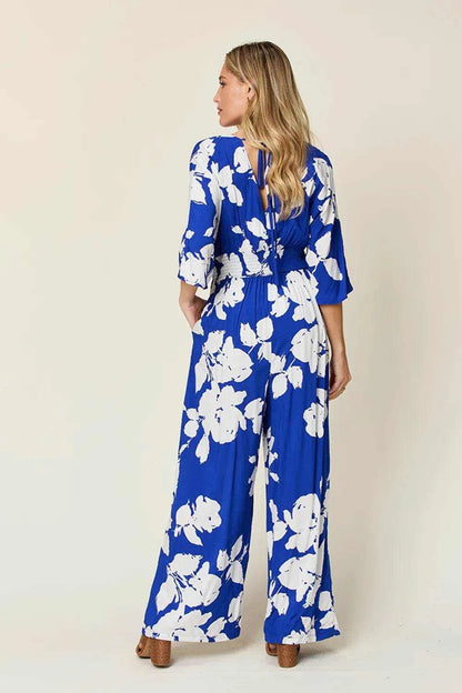 Double Take Full Size Printed Tie Back Wide Leg Jumpsuit - Purcell's Clothing Company