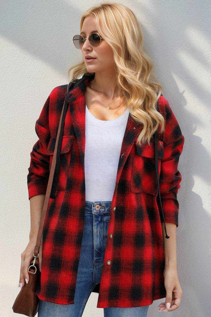 Double Take Drawstring Plaid Long Sleeve Hooded Shacket - Purcell's Clothing Company