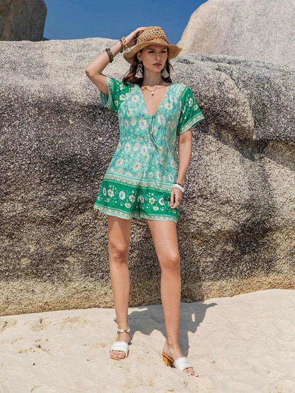 Tied Printed Short Sleeve Romper - Purcell's Clothing Company