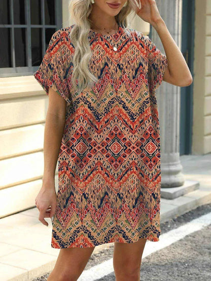 Printed Round Neck Short Sleeve Mini Dress - Purcell's Clothing Company