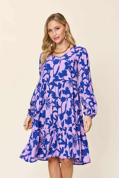 Double Take Full Size Printed Ruffle Hem Dress with Pocket - Purcell's Clothing Company