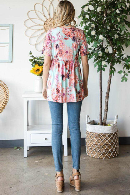 Heimish Full Size Floral V-Neck Short Sleeve Babydoll Blouse - Purcell's Clothing Company