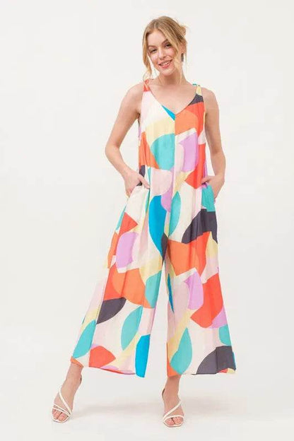 And The Why Tied Shoulder Straps Wide-Leg Geo Print Jumpsuit - Purcell's Clothing Company