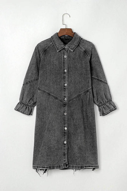 Distressed Collared Neck Flounce Sleeve Denim Dress - Purcell's Clothing Company