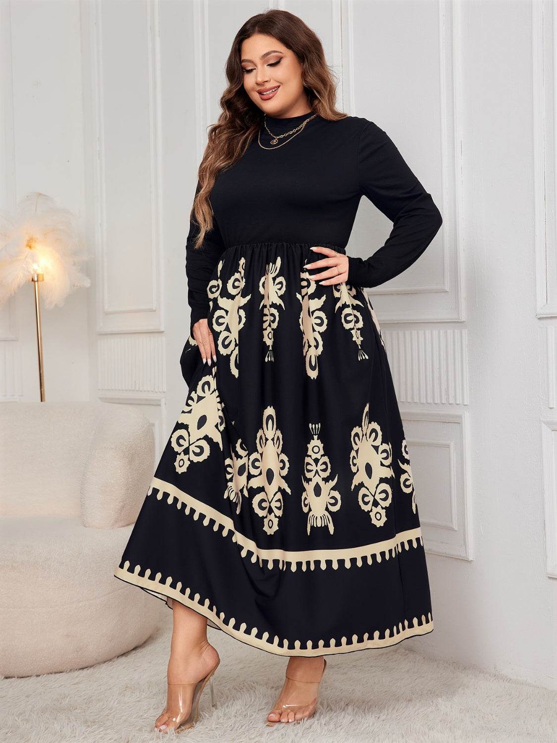 Honey Plus Size Printed Mock Neck Long Sleeve Dress - Purcell's Clothing Company