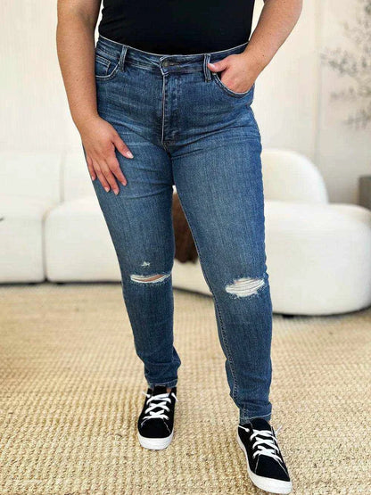 Judy Blue Full Size Mid Waist Distressed Slim Jeans - Purcell's Clothing Company