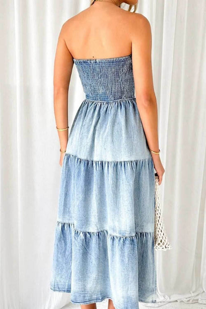 Smocked Tube Slit Tiered Denim Dress - Purcell's Clothing Company