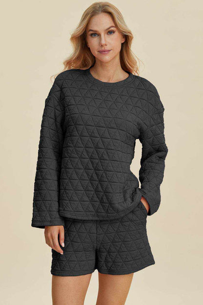 Double Take Full Size Texture Round Neck Long Sleeve Top and Shorts Set - Purcell's Clothing Company
