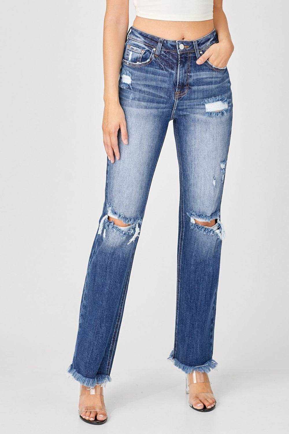 Risen Full Size Raw Hem Distressed Straight Jeans - Purcell's Clothing Company