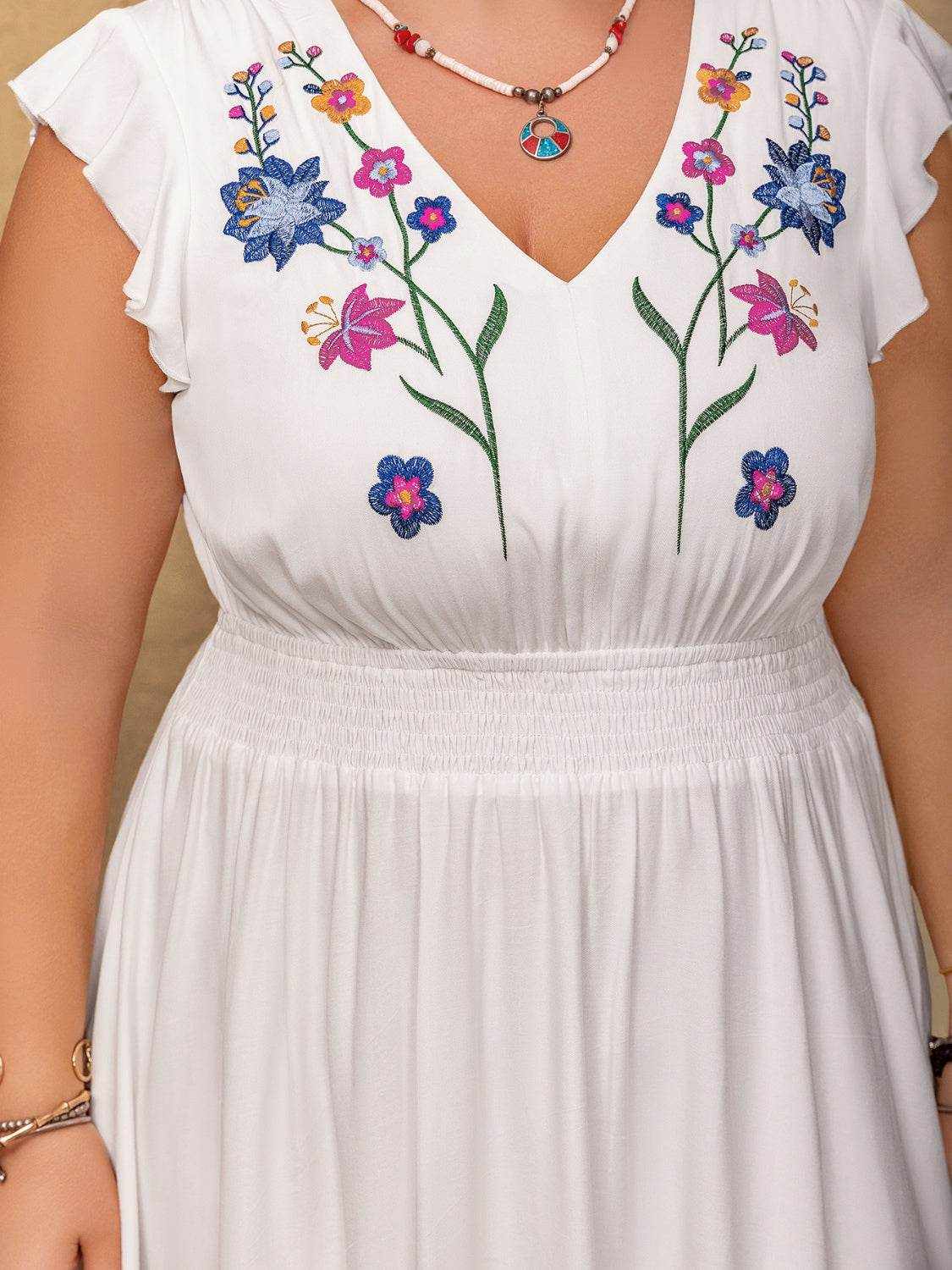 Plus Size Embroidered Floral V-Neck Cap Sleeve Maxi Dress - Purcell's Clothing Company