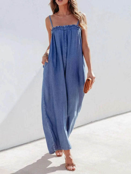 Spaghetti Strap Wide Leg Denim Jumpsuit - Purcell's Clothing Company