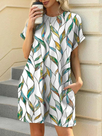 Printed Round Neck Short Sleeve Mini Dress - Purcell's Clothing Company