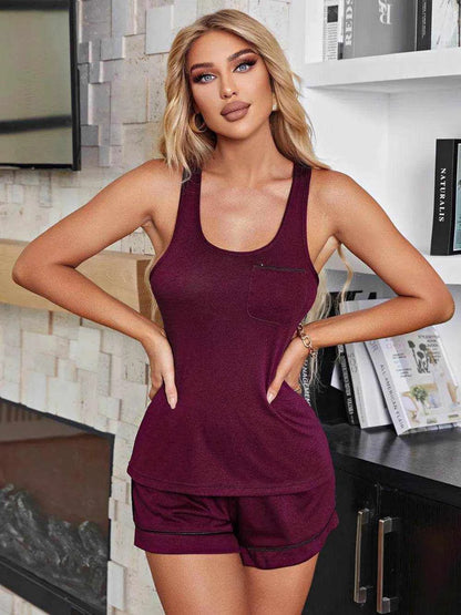 Scoop Neck Wide Strap Tank and Shorts Lounge Set - Purcell's Clothing Company