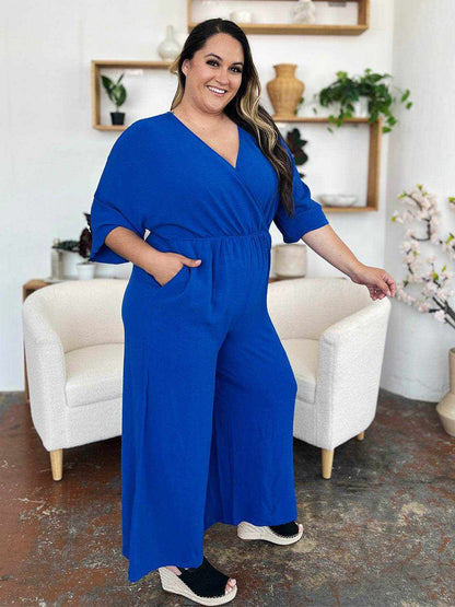 Double Take Full Size Surplice Wide Leg Jumpsuit with Pockets - Purcell's Clothing Company