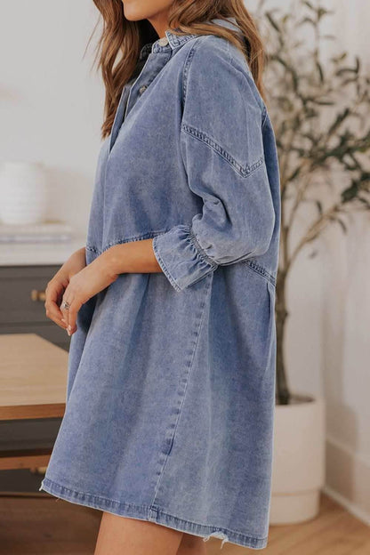 Distressed Collared Neck Flounce Sleeve Denim Dress - Purcell's Clothing Company