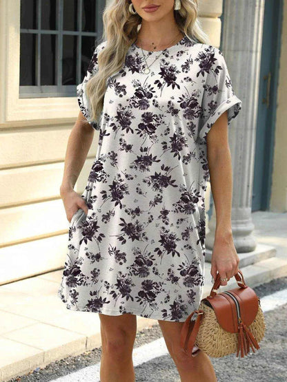 Printed Round Neck Short Sleeve Mini Dress - Purcell's Clothing Company
