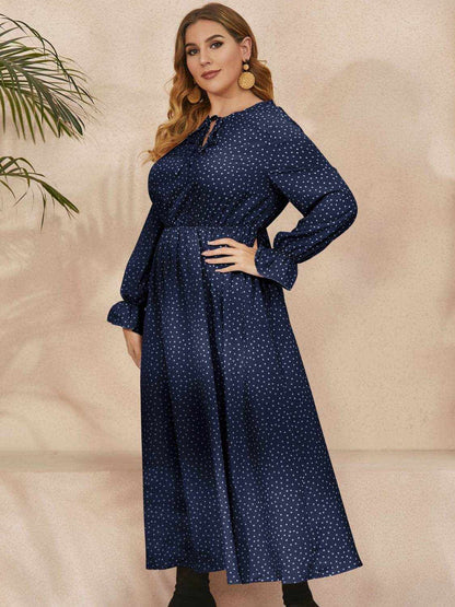 Honey Plus Size Ruffled Polka Dot Long Sleeve Midi Dress - Purcell's Clothing Company