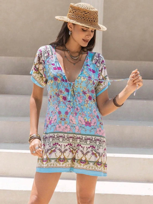 Tied Front Printed Short Sleeve Romper - Purcell's Clothing Company