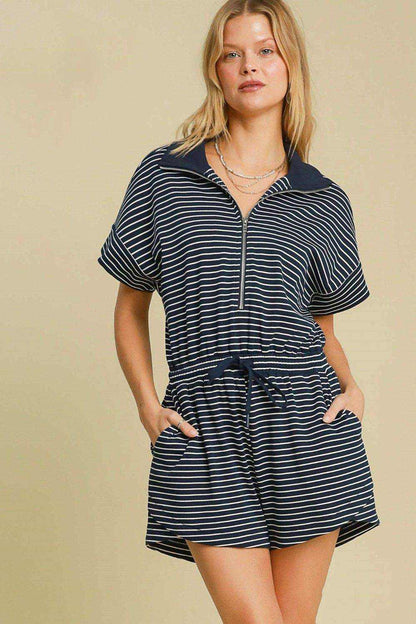 Umgee Full Size Half Zip Striped Romper Plus Size - Purcell's Clothing Company