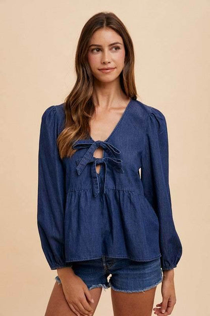 Annie Wear Tie Front Peplum Long Sleeve Denim Top - Purcell's Clothing Company