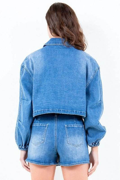 American Bazi Full Size Drop Shoulder Cropped Denim Jacket with Waist Strap Plus Size - Purcell's Clothing Company