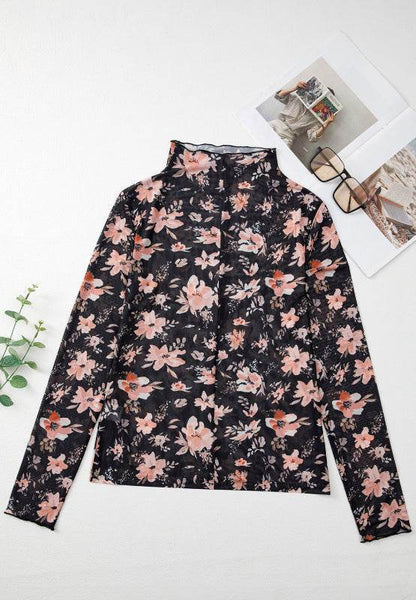 Floral Mock Neck Long Sleeve Blouse - Purcell's Clothing Company