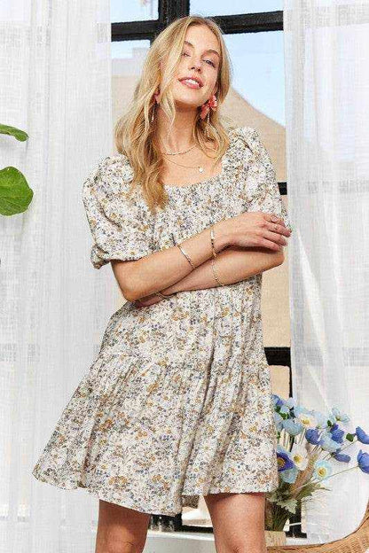 ADORA Floral Square Neck Puff Sleeve Dress - Purcell's Clothing Company