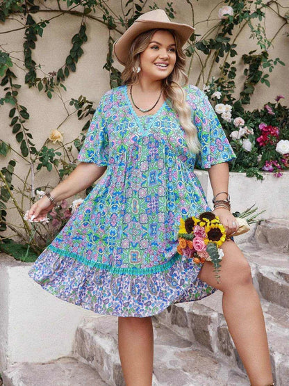 Plus Size Ruffled Hem Lace Detail Printed Half Sleeve Dress - Purcell's Clothing Company