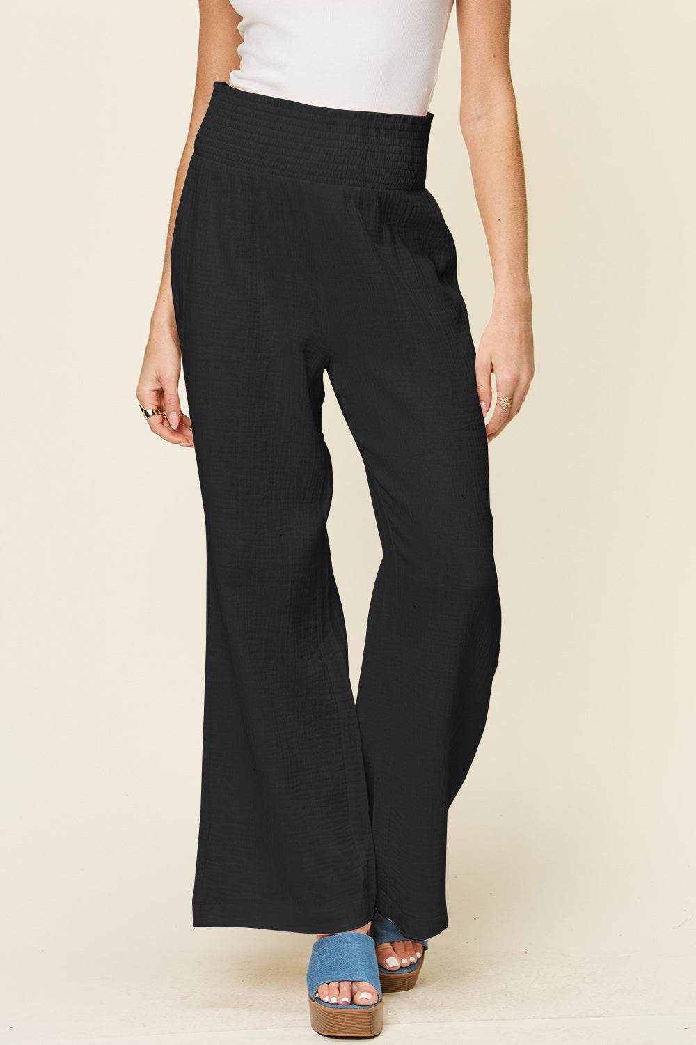 Double Take Full Size Texture Smocked Waist Wide Leg Pants - Purcell's Clothing Company