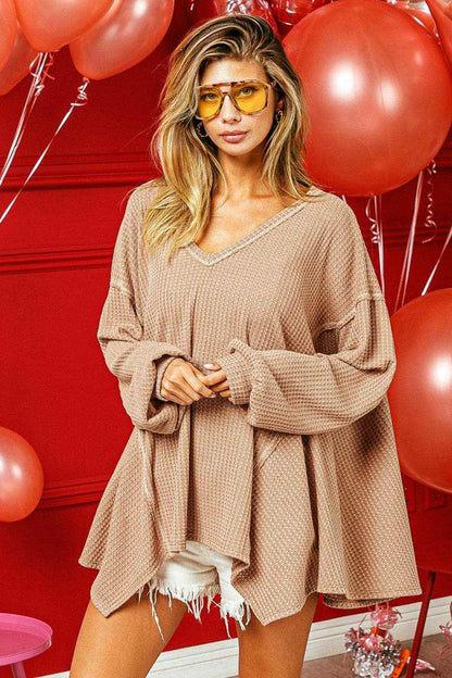 BiBi V-Neck Waffle Uneven Hem Top - Purcell's Clothing Company